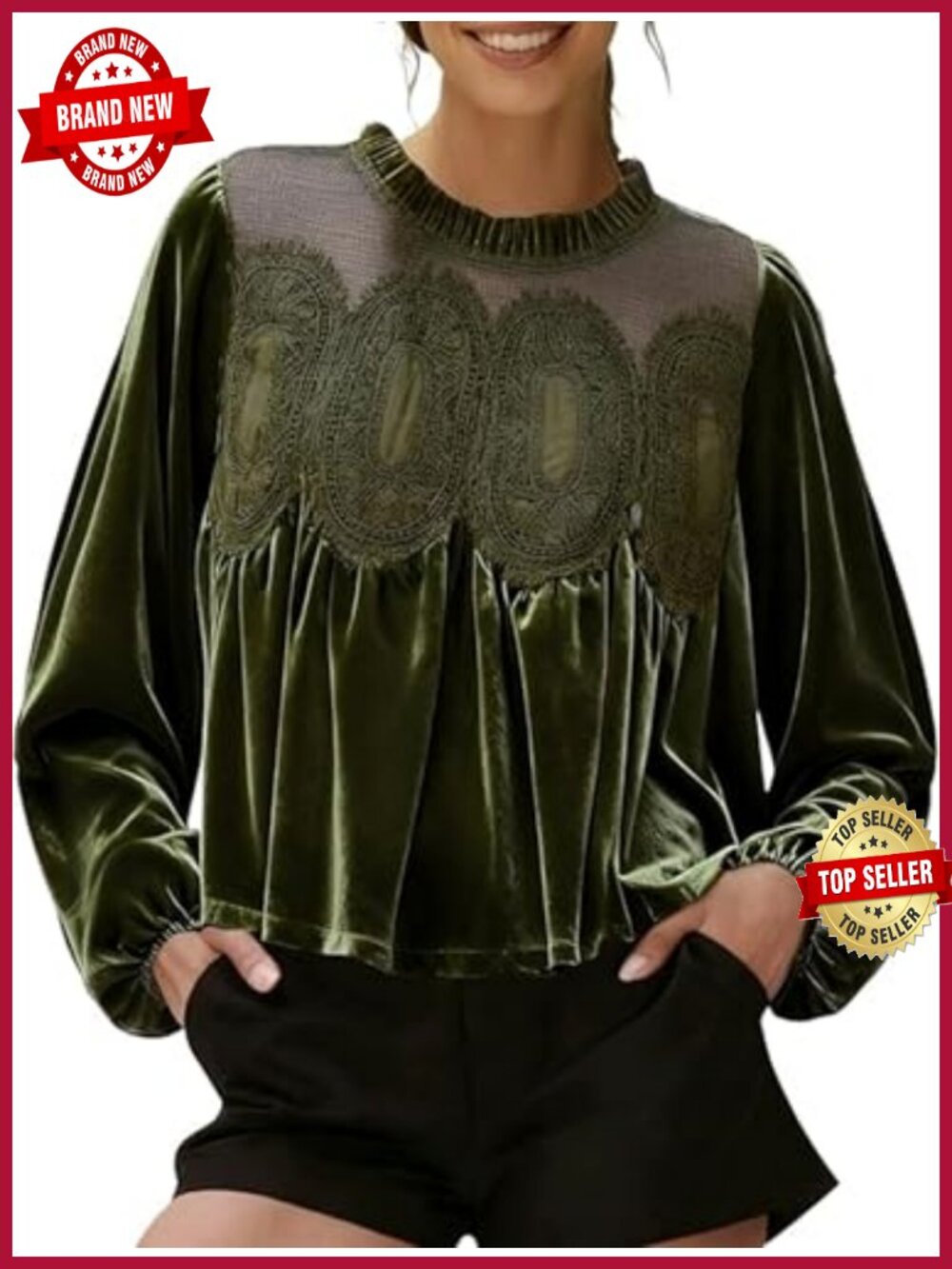 Velvet Lace Patchwork Babydoll Top Long Puff Sleeve Vintage Blouse